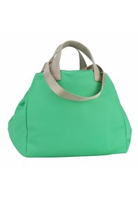 Borsa a tote verde realizzata in materiale morbido, con doppi manici beige, design spazioso e texture liscia senza modelli visibili.
