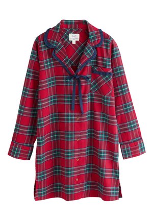 Piros kockás pizsamaing zöld és kék részletekkel, hosszú ujjú, gombos elöl, mélyített gallérral és nyakkendővel a nyaknál. Mellrésszel rendelkező zsebbel.