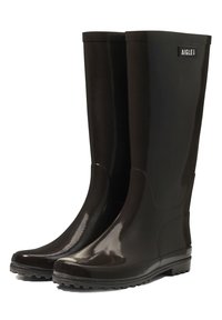 Bottes de pluie en caoutchouc noir avec une finition brillante, bout arrondi et semelle striée. Présente un label logo sur le côté.