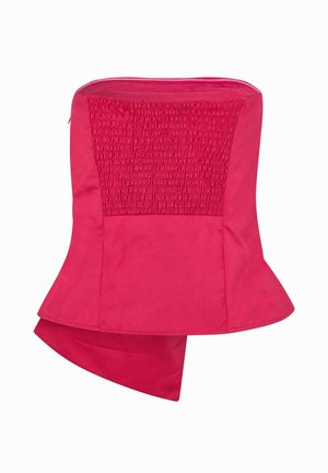 Fuksia peplum-toppi, jossa on olkaimeton muotoilu, ja siinä on teksturoitu smokkikuvio rintakehässä sekä sileä kangasviimeistely. Vetoketjukiinnitys selässä.