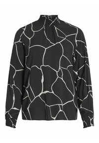 Černá halenka s dlouhým rukávem a bílými organickými tvary, s nařaseným výstřihem a elastickými manžetami. Vyrobena z hladkého materiálu s volným střihem.