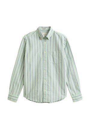 Long-sleeve button-up shirt with light green, blue, and white vertical stripes and a single chest pocket.