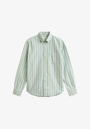 Long-sleeve button-up shirt with light green, blue, and white vertical stripes and a single chest pocket.