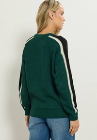 Maglione verde lavorato a maglia con accenti neri e crema sulle maniche. Tessuto a coste, scollo rotondo e vestibilità comoda.