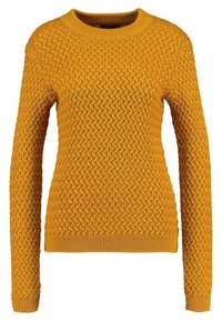 Żółty sweter z dzianiny z długimi rękawami, okrągłym dekoltem i teksturowanym wzorem na całej powierzchni. Ściągacze przy mankietach i dolnym brzegu.