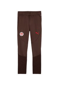 Pantaloni sportivi marroni con una sezione inferiore texturizzata, vita elastica, logo Puma rosso e una patch del FC St. Pauli sulla coscia.