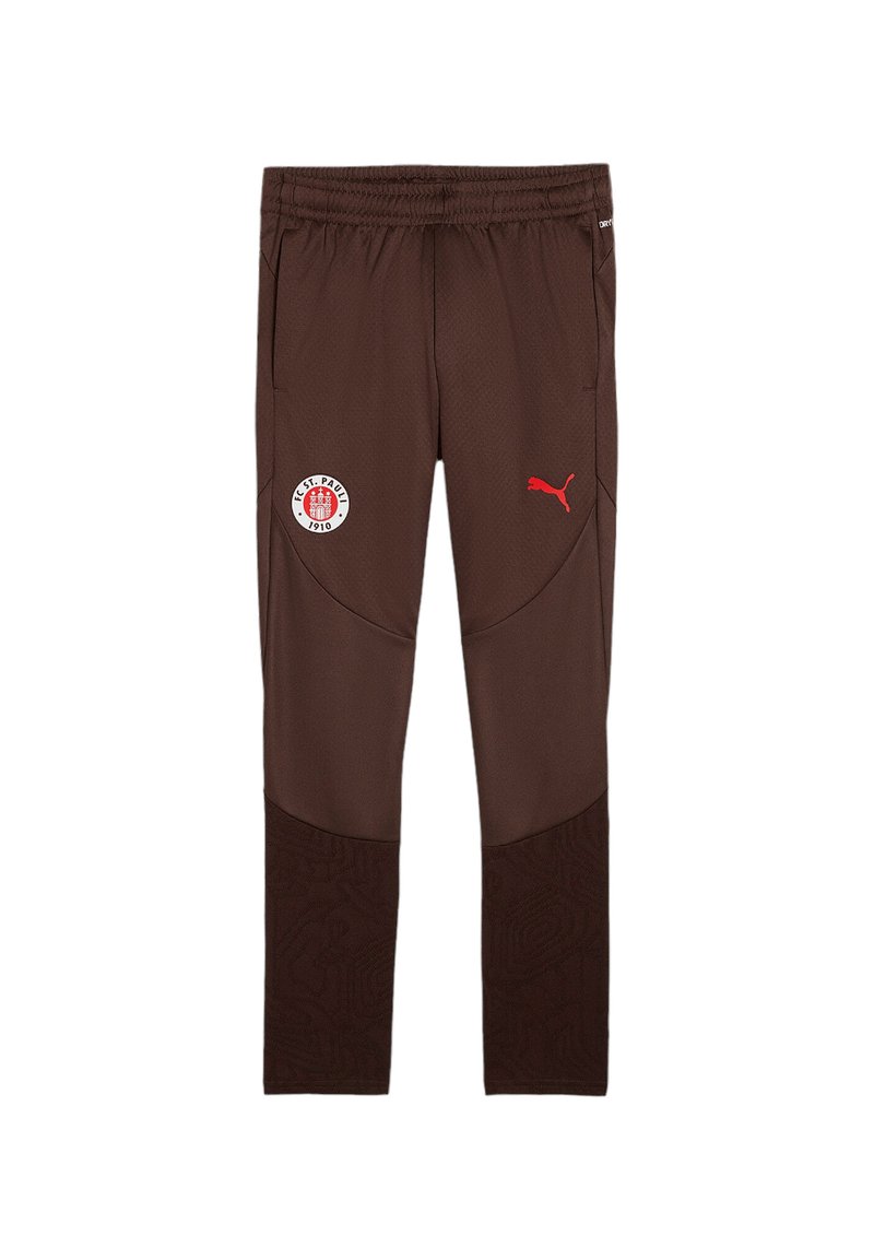Pantaloni sportivi marroni con una sezione inferiore texturizzata, vita elastica, logo Puma rosso e una patch del FC St. Pauli sulla coscia.