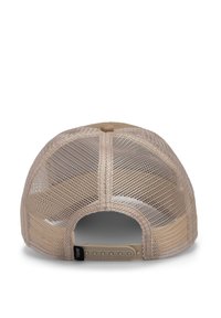 Beige mesh-kasket med en buet skygge, justerbar snapback-lukning og en tekstureret overflade med et centralt ventilationspanel.