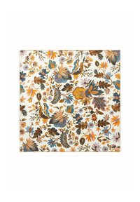 Tissu floral présentant des motifs complexes de fleurs jaunes, oranges, bleues et vertes sur un fond crème. Texture douce avec des couleurs vives.