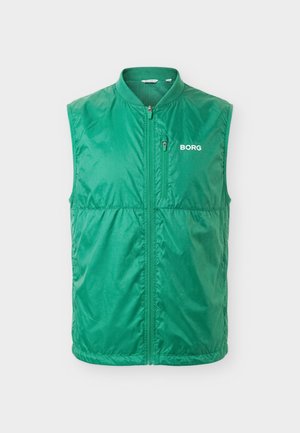 Veste zippée sans manches verte avec une poche poitrine et le logo "BORG" sur le côté gauche, affichée sur fond blanc.