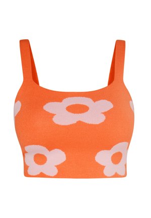 Narancssárga cropped top széles pántokkal és nagy világos rózsaszín virágmintákkal elöl és oldalakon