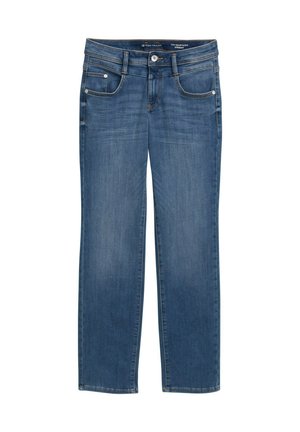 Straight leg traperice u srednje plavom denimu, s pet džepova, suptilnim izbljeđenjem i ušivenim akcentima duž šavova.