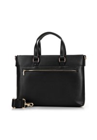 Schwarze Lederhandtasche mit doppelten oberen Griffen, abnehmbarem Trageriemen, Front-Reißverschlussfach und subtiler Texturierung. Akzente aus Goldton.