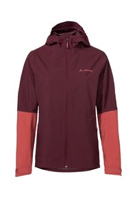 Giubbotto impermeabile bordeaux e corallo con cappuccio, zip a tutta lunghezza e polsini regolabili. Presenta un logo a tonalità sul petto e maniche in contrasto.