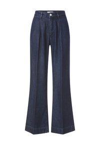 Jeans en denim noir à jambes larges avec des plis à la taille, dotés d'une fermeture à bouton et à zip à l'avant, et d'une couture détaillée le long de l'ourlet.