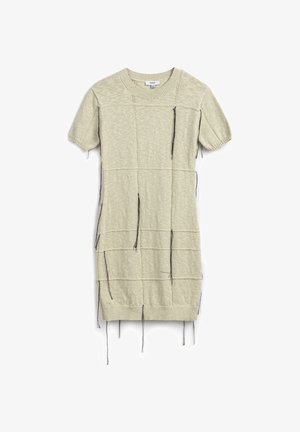 Light beige short-sleeve dress with a textured knit, featuring a grid pattern and loose black threads along the seams. Round neckline.