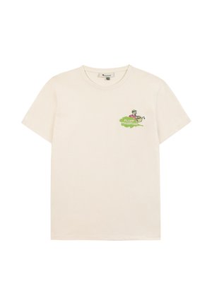 T-shirt à manches courtes de couleur crème avec un petit motif représentant une personne arrosant une plante et le texte « CULTIVER ENSEMBLE » sur le côté gauche de la poitrine.