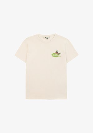 T-shirt à manches courtes de couleur crème avec un petit motif représentant une personne arrosant une plante et le texte « CULTIVER ENSEMBLE » sur le côté gauche de la poitrine.