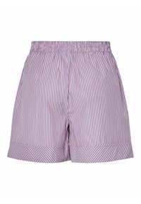 Pantaloni corti a righe in rosa e blu con cintura elastica, caratterizzati da una vestibilità ampia e un orlo arrotolato. Realizzati in tessuto leggero.