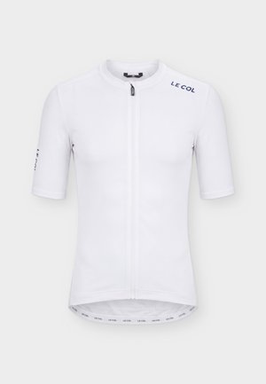 Biely cyklistický dres s krátkym rukávom a predným zipsom, logo "LE COL" na ľavom ramene, ľavom rukáve a dolnom okraji.