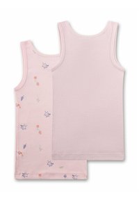 Two light pink sleeveless cotton tank tops, one plain and one with small floral and bird prints, laid flat overlapping.