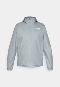 Vaaleanharmaa vedenpitävä takki hupulla, kokonaan vetoketjullinen edestä, joustavat hihansuut ja logo vasemmassa rinnassa; sileä pinta, ei näkyviä kuvioita.