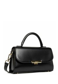 Borsa in pelle nera con un design strutturato, manico superiore, tracolla staccabile, hardware dorato e chiusura a patta.
