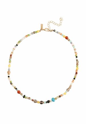Mehrfarbige Halskette mit Perlen und verschiedenen Edelsteinen in unterschiedlichen Formen und Größen, ergänzt durch goldfarbene Akzente und einen Kettenverschluss.