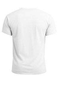 Weißes Baumwoll-T-Shirt mit kurzen Ärmeln, klassischem Rundhalsausschnitt und glatter Textur. Keine sichtbaren Logos oder Muster auf der Rückseite.