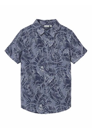 Chemise à manches courtes boutonnée de couleur bleu foncé avec un motif de feuilles de palmier, dotée d'un col et de deux boutons à l'avant, fabriquée en tissu léger.