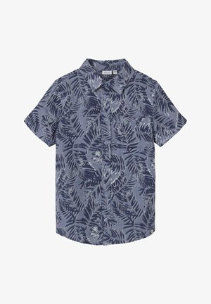 Chemise à manches courtes boutonnée de couleur bleu foncé avec un motif de feuilles de palmier, dotée d'un col et de deux boutons à l'avant, fabriquée en tissu léger.