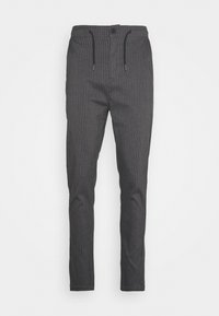 Dark gray pinstripe trousers with a slim fit, elastic waistband, black drawstrings, and a single black button closure.