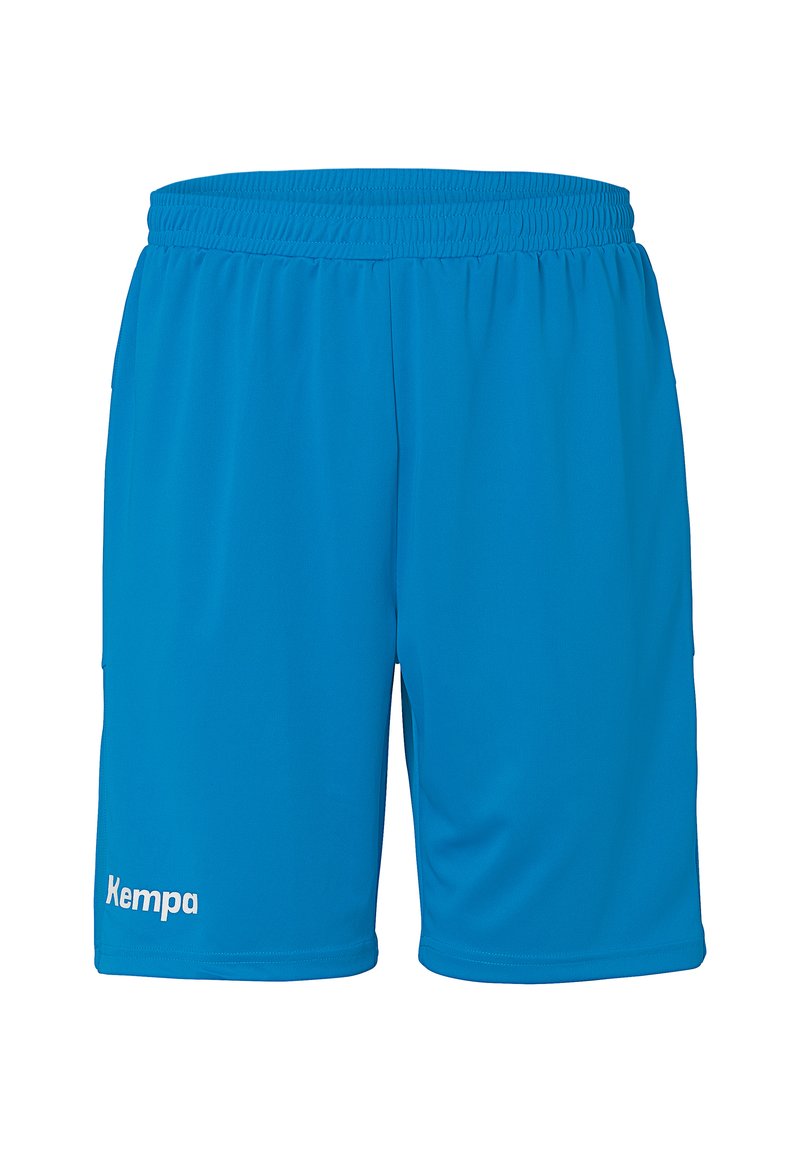 Blauwe sportshorts van lichtgewicht materiaal met een elastische tailleband, met een wit "Kempa" logo aan de linksonderzijde.