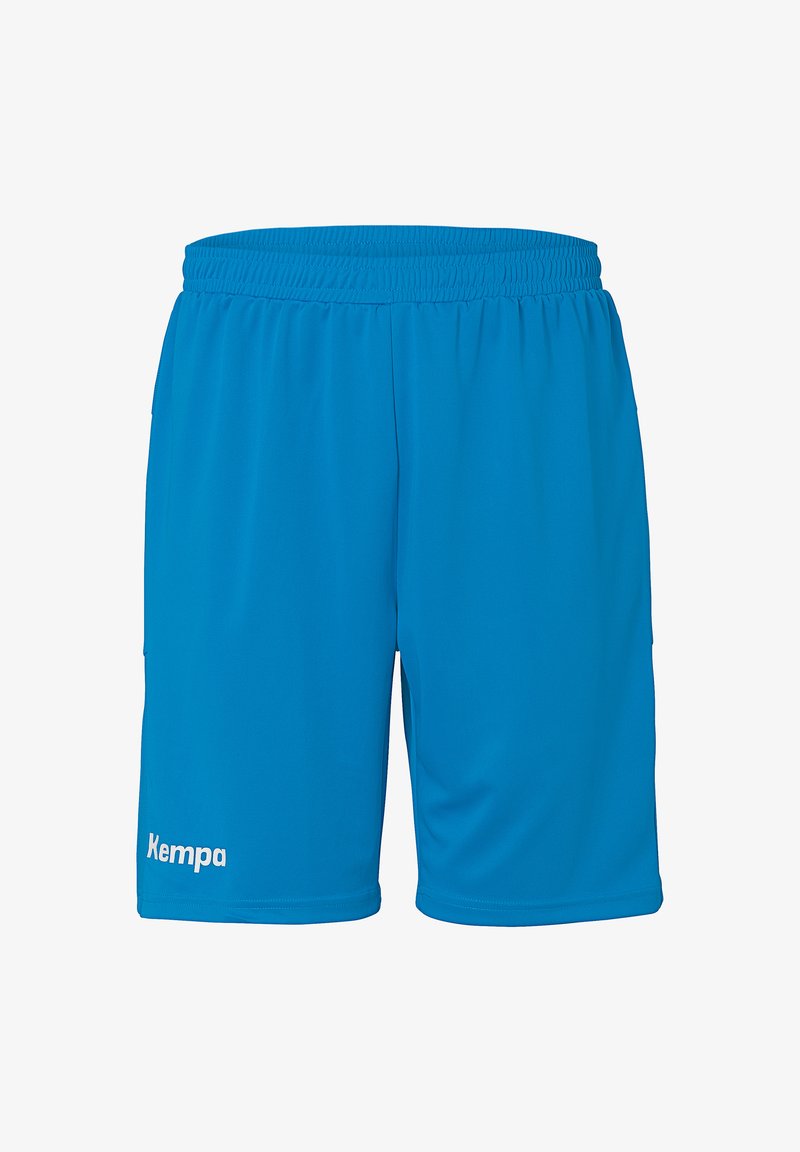 Blauwe sportshorts van lichtgewicht materiaal met een elastische tailleband, met een wit "Kempa" logo aan de linksonderzijde.