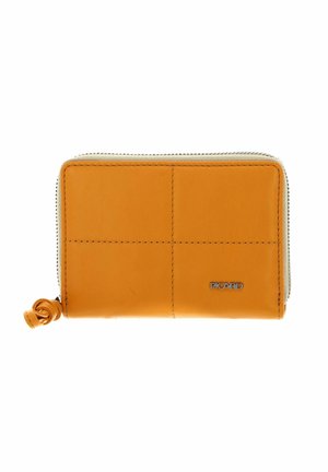 Portefeuille en cuir orange avec fermeture éclair, présentant un design matelassé à quatre carrés et un accent logo. Texture lisse et tirette de fermeture arrondie.