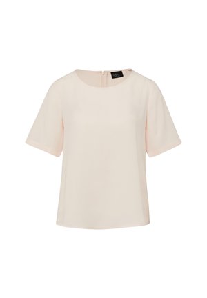 Jasnobeżowa bluzka z krótkim rękawem, z okrągłym dekoltem i zamkiem błyskawicznym z tyłu, prezentowana na jednolitym białym tle.