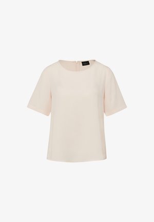 Lichtbeige blouse met korte mouwen, ronde halslijn en een ritssluiting aan de achterkant, getoond tegen een effen witte achtergrond.