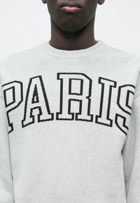 Sweatshirt gris en maille avec l'inscription "PARIS" en lettres noires grasses sur la poitrine. Col rond et tissu texturé.