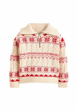 Pull en maille crème avec motifs nordiques rouges de flocons de neige et de losanges, col demi-zippé, poignets et ourlet côtelés, posé à plat sur fond blanc.