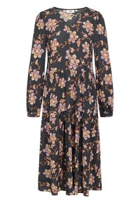 Black floral dress featuring long sleeves, a V-neckline, and a tiered skirt with orange, purple, and cream floral patterns.