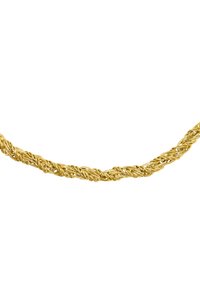 Collana a catena d'oro attorcigliata con un design testurizzato e intrecciato. Il colore è un giallo oro uniforme, che mette in mostra dettagli intricati lungo tutta la sua lunghezza.