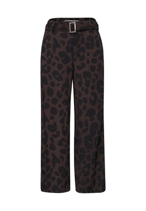 Brune bukser med brede ben med sorte leopardpletter, bælte i matchende stof og et rektangulært sølvspænde.