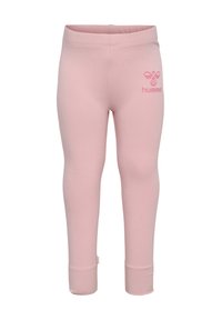 Leggings rose clair en tissu extensible. Équipés d'une taille élastique et d'un petit logo sur le devant à gauche. Texture lisse avec un design ajusté.