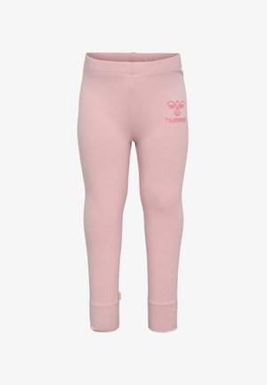 Leggings rose clair en tissu extensible. Équipés d'une taille élastique et d'un petit logo sur le devant à gauche. Texture lisse avec un design ajusté.