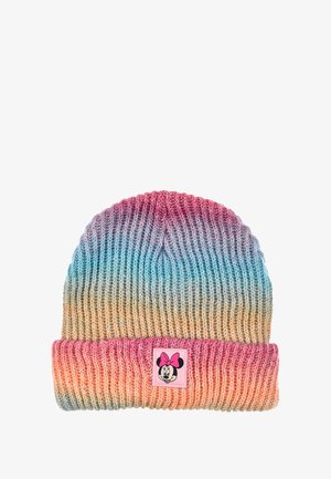Beanie in maglia con una gradazione dal rosa al blu, caratterizzato da un risvolto rosa con una toppa di Minnie Mouse. Texture morbida, design a coste.