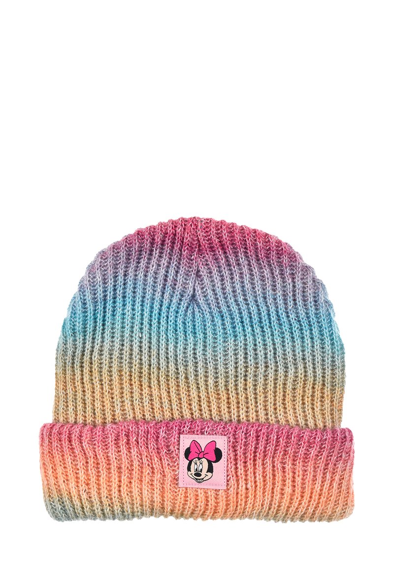 Gebreide beanie met een gradient van roze naar blauw, voorzien van een roze omgeslagen rand met een Minnie Mouse patch. Zachte textuur, geribbelde uitstraling.