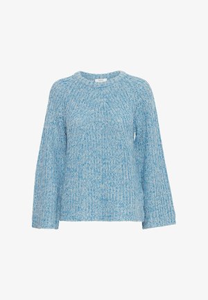 Světle modrý pletený svetr s kulatým výstřihem, dlouhými rukávy a texturovaným vzorem. Vyrobeno z měkkého, pohodlného materiálu.