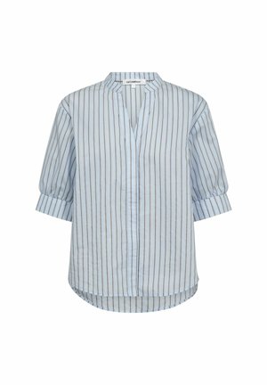 Light blue blouse with thin vertical brown and white stripes, three-quarter puff sleeves, and a round collar with a front slit.