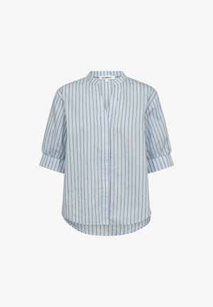 Light blue blouse with thin vertical brown and white stripes, three-quarter puff sleeves, and a round collar with a front slit.