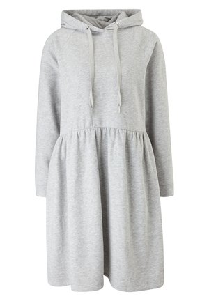 Robe à capuche à manches longues gris clair avec cordons et taille froncée, fabriquée en tissu sweat doux, longueur genou.